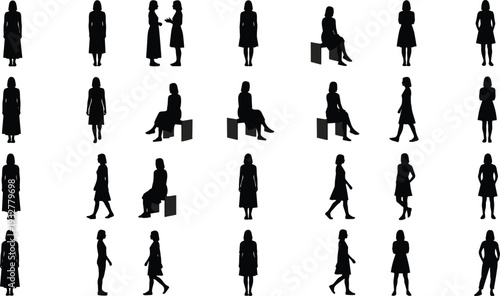 Flat vector illustration, people silhouettes set, standing, sitting, walking, talking, casual poses, human figures, design template, technical drawing, outline