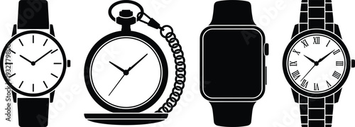 Flat vector illustration, timepiece silhouettes set, wristwatch, pocket watch, smartwatch, Roman numeral watch, clock design, watch sketch, technical outline