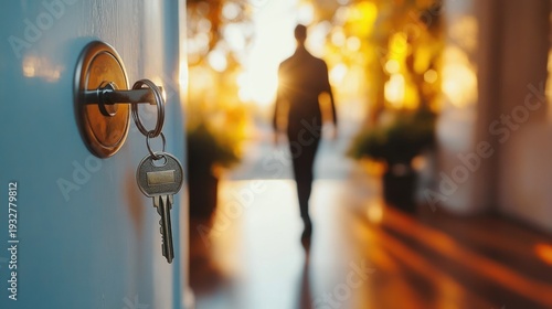 Close-up of a key in a door lock with a blurred silhouette walking away down a sunlit hallway, warm golden light conveying a welcoming yet wistful mood