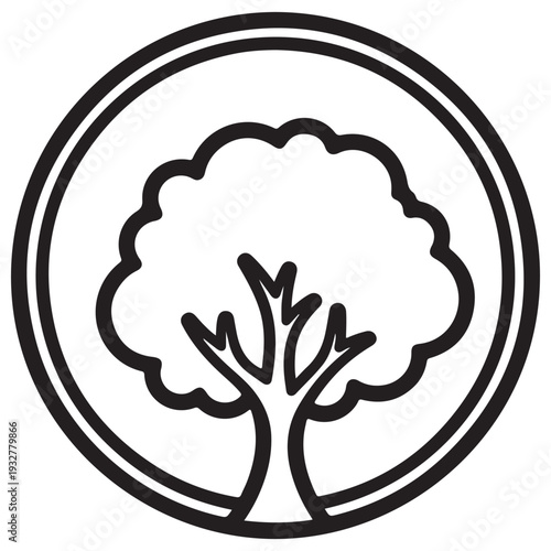 Minimalist tree icon with lush foliage and sturdy trunk enclosed within a circular border, representing environmental conservation, sustainability, and natural growth in clean black line art.