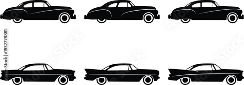 Flat vector illustration, vintage car silhouettes set, classic automobile designs, retro vehicles, 1940s cars, 1950s tailfins, automotive sketch, technical outline