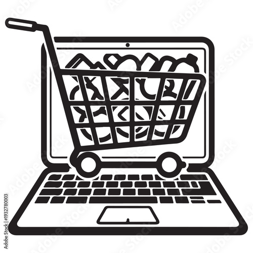 E-commerce concept illustration featuring a laptop computer and a full shopping cart representing digital retail and online consumerism in a minimalist black and white vector style.