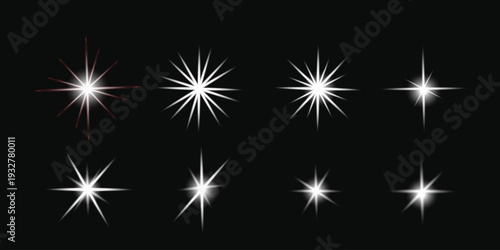 A collection of eight distinct starburst designs set against a black background Vector