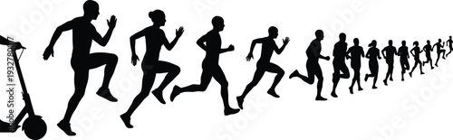 Scooter to running silhouettes, active lifestyle vector, movement evolution design, fitness activity art, transportation shift illustration - flat vector illustration