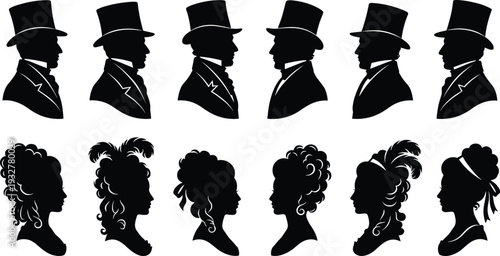 Silhouette illustration of vintage male and female profiles with top hats elaborate hairstyles historical fashion portrait icon, flat vector illustration