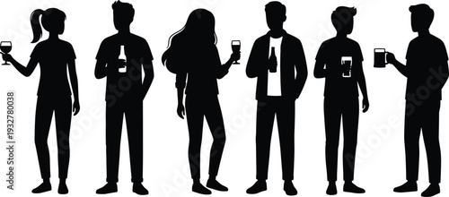 Social drinking silhouettes, people with drinks vector, lifestyle party design, alcohol beverage art, gathering illustration - flat vector illustration