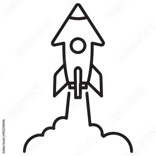 Minimalist rocket ship icon launching upwards with smoke trail, representing business startup success, technological innovation, and rapid growth in a clean black and white line art style.
