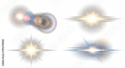 Set of 4 realistic optical lens flares and light flashes, glowing cinematic sunlight and anamorphic blue light rays isolated on white background