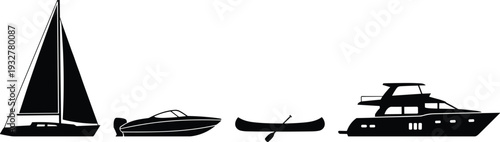 Boat silhouettes collection, sailboat speedboat canoe yacht vector, marine transportation design, watercraft illustration, nautical lifestyle art - flat vector illustration