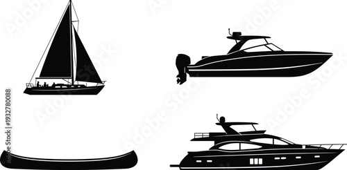 Boat silhouettes collection, sailboat motorboat canoe yacht vector, marine transportation design, watercraft lifestyle art, nautical illustration - flat vector illustration