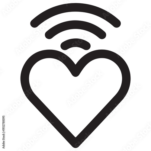 Minimalist heart icon with wireless signal waves representing digital connection and online dating, isolated on white background for versatile graphic design use in modern tech aesthetics.
