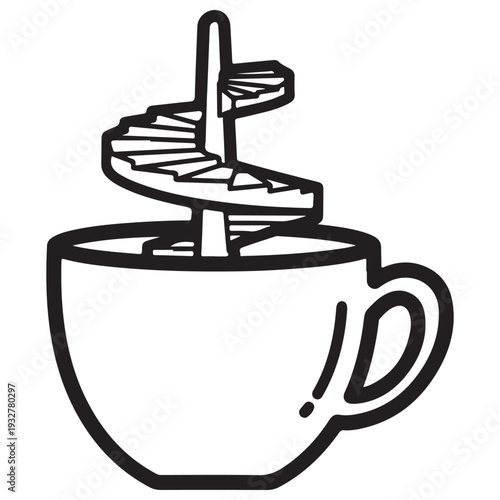 Minimalist line art illustration of a coffee cup with a spiral staircase rising from the center, representing a journey of creativity, morning energy, and personal growth in a clean style.