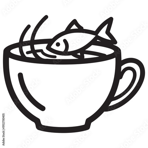 Minimalist line art icon of a fish jumping out of a steaming coffee cup, leaping from hot liquid with steam trails, representing fresh ideas and morning energy in a clean vector style.