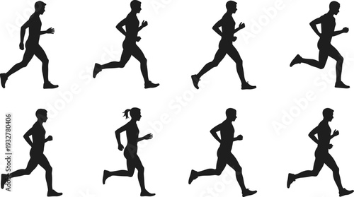 Running athlete silhouette set, men and women jogging sprinting fitness exercise isolated on white background