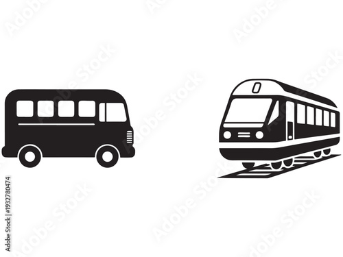 Black and white illustration of bus and train on white background  transportation icons