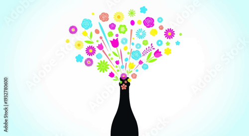 A colorful illustration of flowers in a wine bottle