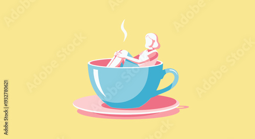 A woman relaxing in a large blue teacup on a pink saucer