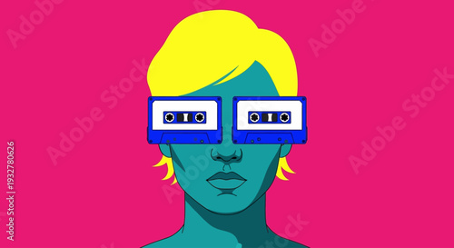 A woman with blonde hair wearing blue cassette tape glasses