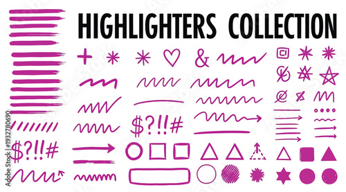 Collection of various colorful highlighter marks and symbols isolated on white background for editing and design purposes easily