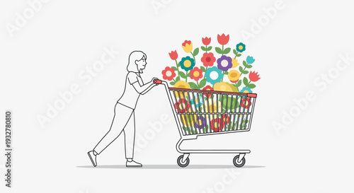 A woman pushing a shopping cart filled with colorful flowers