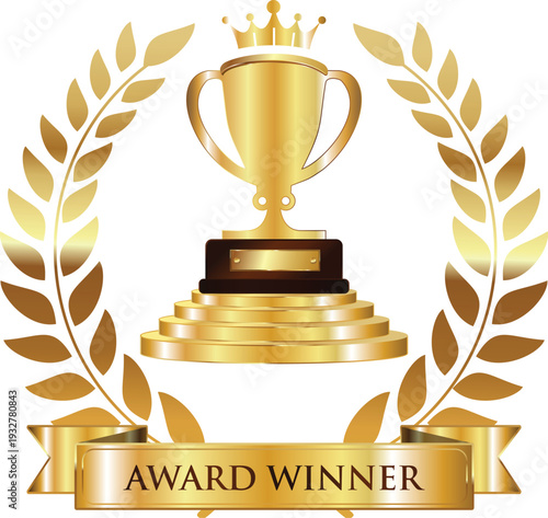 Golden trophy cup on a pedestal with a laurel wreath and award winner banner