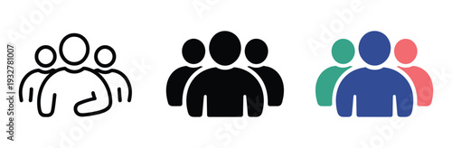 Group of people icon set in different style, including flat, line, and colored vector illustrations