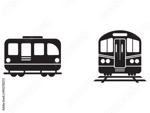 Black and white illustration of two train cars on tracks side by side on white background  train silhouettes