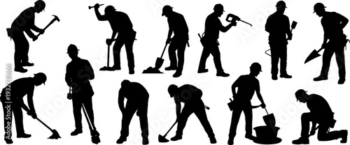 Construction workers silhouette set, builders using tools and equipment isolated on white background