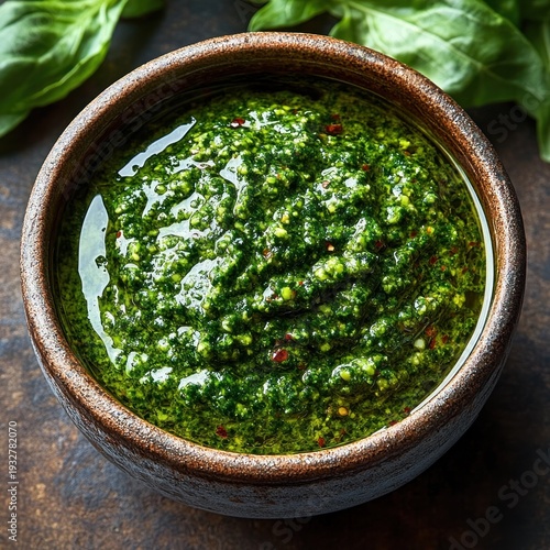 Rustic ceramic bowl of vibrant fresh basil pesto with olive oil and basil leaves, glossy and inviting homemade green sauce