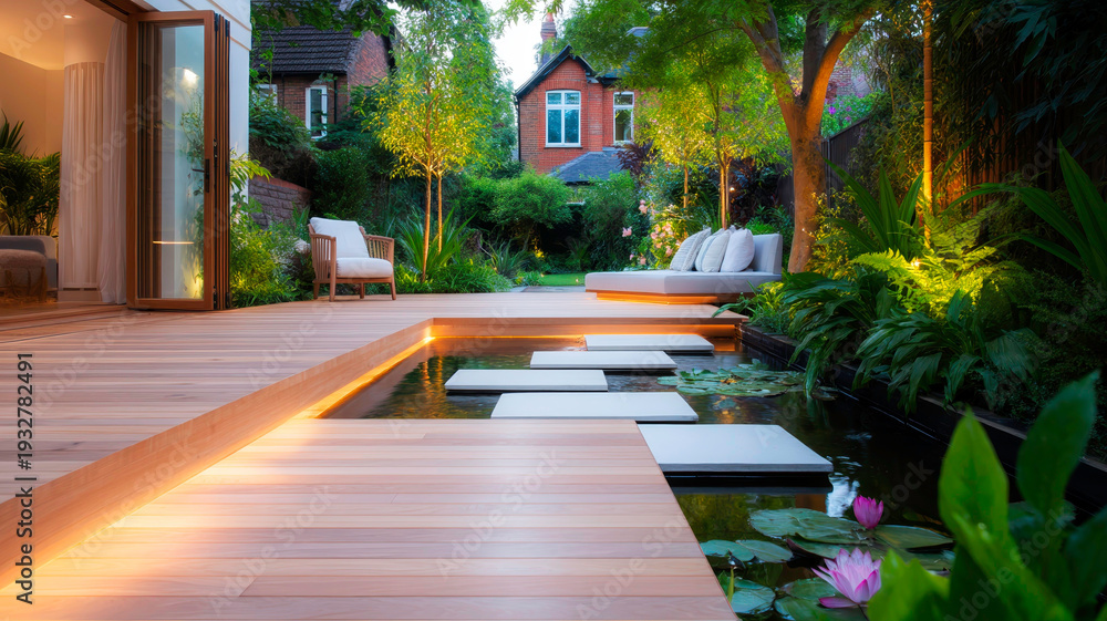 Obraz premium Modern Outdoor Living Space with Light Timber Decking and Hidden LED Strip Lights