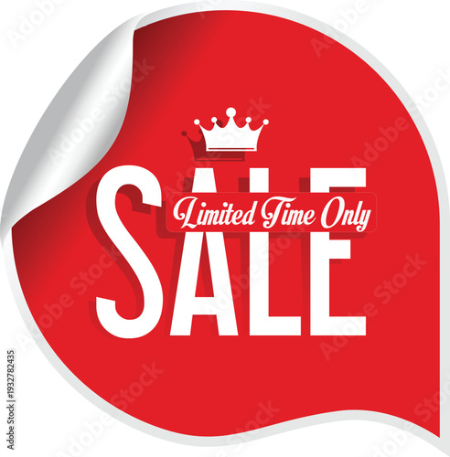 A red sale sticker with a crown on it