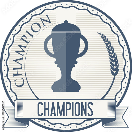 A champion badge with a trophy and wheat
