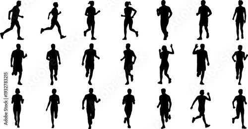 Jogging people silhouette collection, men and women running fitness poses isolated on white background