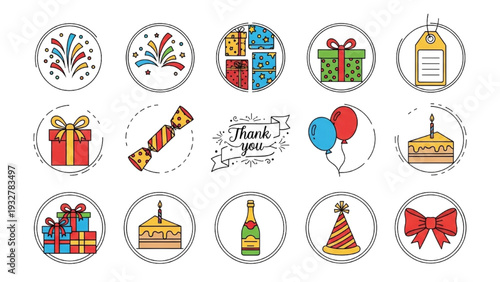 Final Touches Icon Sheet, Minimalist Line Art Vector Set with Confetti, Wrapping Paper, Gift Tag and Thank You Banner, Black and White Party Symbols.