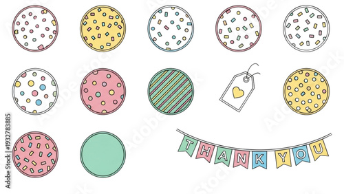 Final Touches Icon Sheet, Minimalist Line Art Vector Set with Confetti, Wrapping Paper, Gift Tag and Thank You Banner, Black and White Party Symbols.