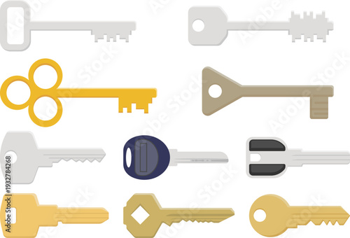 Flat vector illustration featuring a collection of vintage and modern keys in different shapes and styles. Perfect for security, access, real estate, protection, and locksmith concepts.