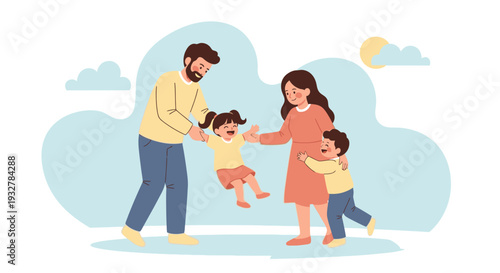 Happy family enjoying a playful moment together in a serene environment with children and parents interacting