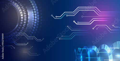 Abstract blue technology background with glowing circuit lines, digital rings, and neon gradients, representing data flow, connectivity, innovation, and futuristic high-tech systems.