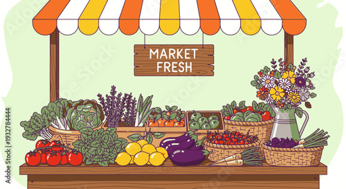 Vibrant outdoor market stall overflowing with fresh produce and flowers from a local farmer's harvest