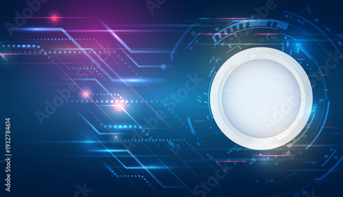 Futuristic digital interface with glowing circular HUD element, neon light trails, and abstract tech lines on a blue background, representing innovation, data flow, and advanced technology.
