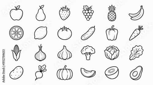 Hand-drawn fruit and vegetable icon set in black-and-white line art for branding, design, and nutrition-related projects