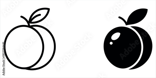 Peach and Apricot Fruit Icon Set with Outline and Solid Silhouette Symbols Vector Illustration.