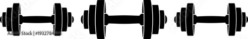 Adjustable dumbbell set silhouette, heavy gym weight equipment for bodybuilding and fitness training isolated black vector