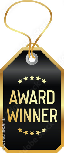 A black and gold award winner tag with stars