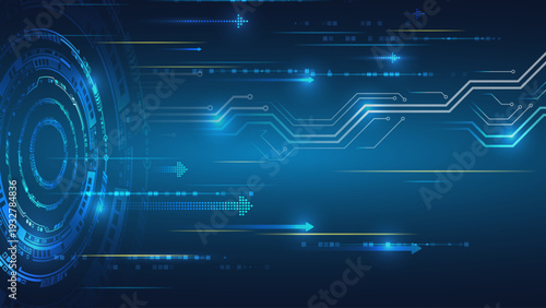 Abstract high-tech background with glowing digital circuits, data streams, and futuristic interface elements, symbolizing innovation, technology, and fast information flow.