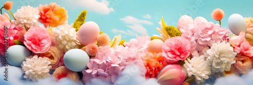 Colorful Flowers and Eggs Arranged on a Bright Background During Spring Season Celebration