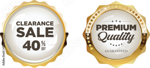 Two gold bottle caps with clearance sale and premium quality labels