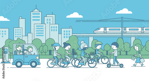 Cityscape with commuters cycling and walking near a train on a bridge, viewed from the side