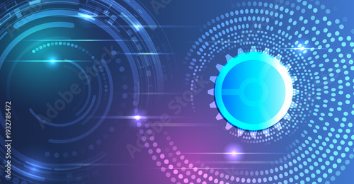 Futuristic blue and purple tech background with circular HUD elements, digital gear shape, and glowing data patterns symbolizing automation, innovation, connectivity, and smart technology.