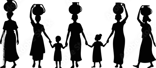 African village women silhouettes carrying water pots isolated on white background, traditional motherhood and rural family lifestyle concept